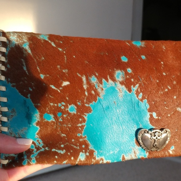 Turquoise Acid Washed Cowhide Clutch Purse - Picture 1 of 7
